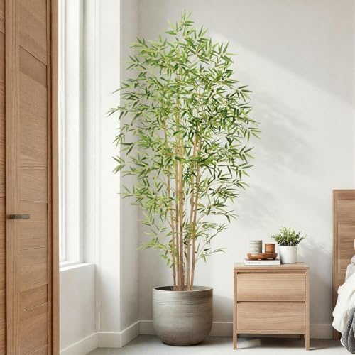 Artificial Bamboo Tree, Fake Bamboo Plant 6FT Tall with 6 Natural Real Bamboo Trunks, Artificial Tree Indoor Decor Faux Silk Tree for Home Office Living Room Modern Decor