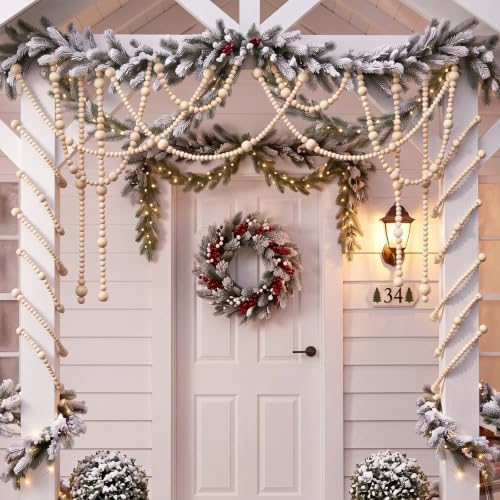 Bucherry 4 Pcs Christmas Wood Bead Garland 28.8 Feet, Natural