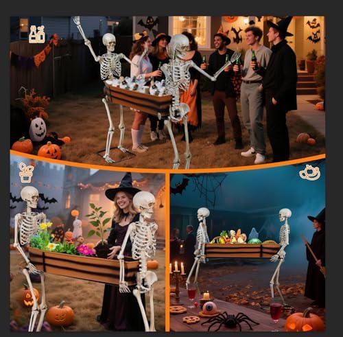 Quntis Halloween Skeleton Outdoor Decorations - 5ft Posable Skeletons Carrying Coffin - Life Size Undead Pallbearers Drink Cooler - Spooky Graveyard Haunted Houses Halloween Party Display Prop