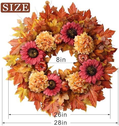 28" Large Artificial Fall Wreath with Flowers for Front Door Decor (Orange)