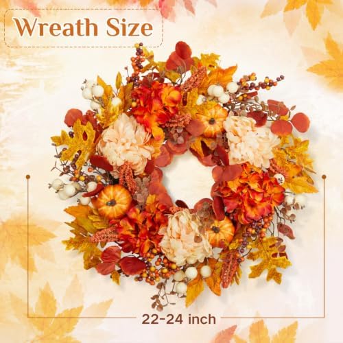 24 Inch Fall Wreath for Front Door, Artificial Autumn Leaves with Pumpkins