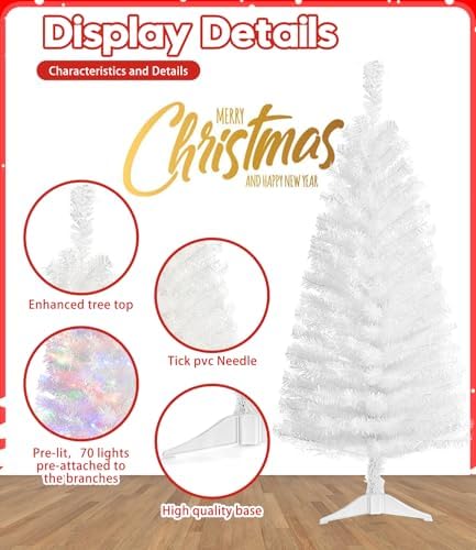 DEWUR Pre-Lit Artificial Christmas Tree, Warm White Lights, Colorful Lights, Includes Stand, 4 feet (White)