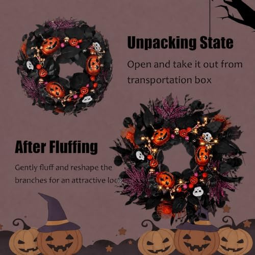 Halloween Wreath for Front Door, 24" Black Gothic Spooky Outdoor Décor