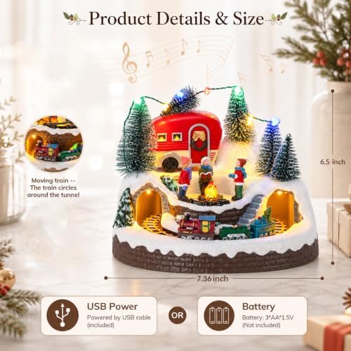 VCUTEKA Christmas Village Houses, Camper with People Campfire and Rotating Train Lighted Musical Christmas Village Collectible Building for Xmas Indoor Decorations or Holiday Table Displays