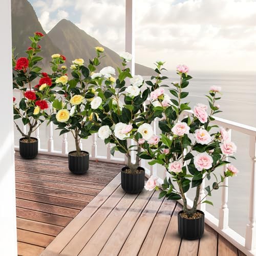 Goplus 38’’ Artificial Camellia Tree, Flower Plants Artificial Tree