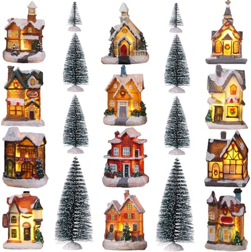 Kajaia 24 Pcs Christmas Houses Village and Mini Trees LED Lights Town Set