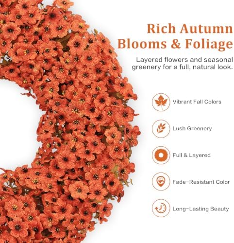 24" Orange Fall Wreath for Front Door, Artificial Mums Autumn Wreath