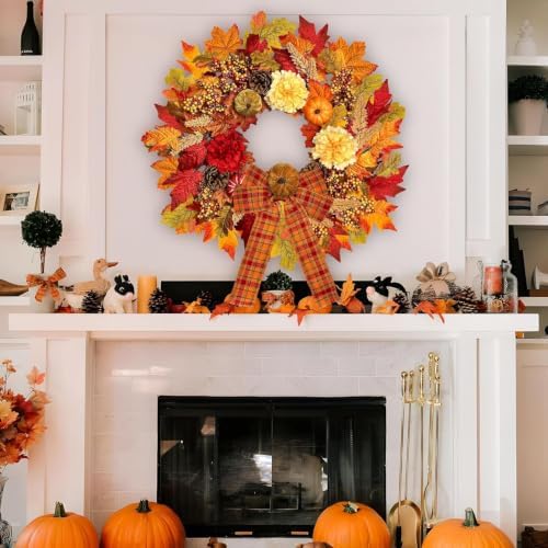 ICX 24 Inch Fall Wreaths for Front Door, Autumn Wreath with Lights and Bows