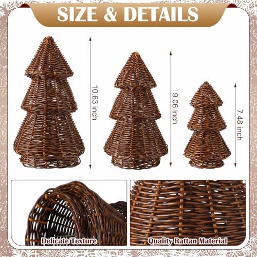 MiniInflat 3 Pcs Woven Rattan Christmas Tree Decor, Classic Weave, Brown