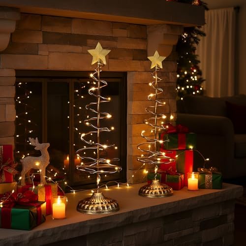Set of 2 Lighted Christmas Tree Table Decoration with Golden Star Battery Operated Tabletop Prelit Mini Xmas Tree with LED Light up Desk Ornament for Home Mantel(Spiral,Gold)