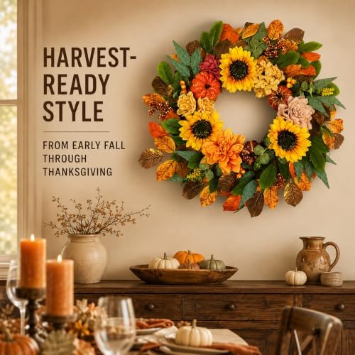 24 Inch Fall Wreaths for Front Door with Pumpkins, Sunflowers & Berries