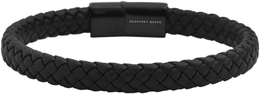 Geoffrey Beene Men's Braided Genuine Leather Bracelet with Stainless Stee...