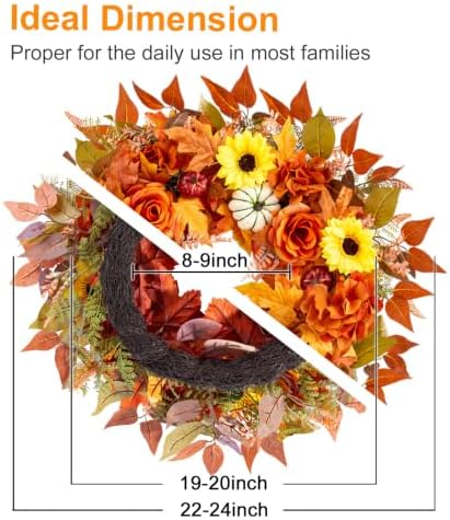 24" Fall Wreath for Front Door Harvest with Pumpkin Handmade Artificial