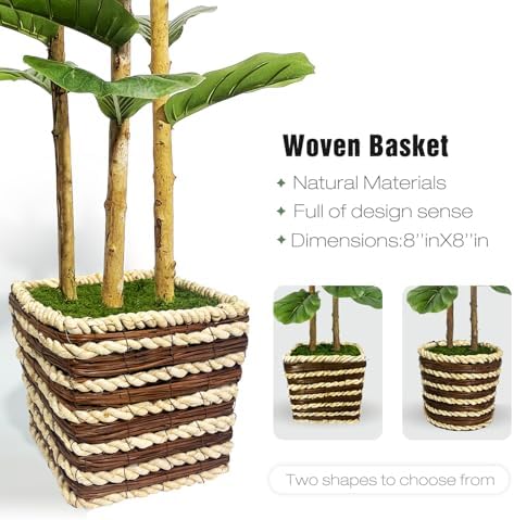 Artificial Fiddle Leaf Fig Tree Indoor with Woven Basket - 5ft Tall Fake Tree with Real-Wood Trunk,Faux Plants for Living Rooms, Offices, Kitchens & Outdoor Spaces (Square Basket)
