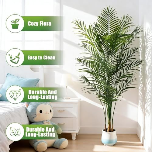 6ft Artificial Palm Tree Indoor, Large Fake Tropical Areca Palm with 18 Trunks, Tall Faux Floor Plants for Indoor Living Rooms Offices Bedroom Home Decor