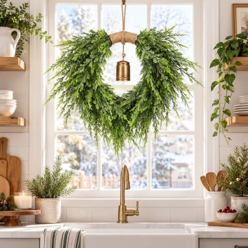 Hungdao 21.6" Christmas Norfolk Pine Heart Wreath with Bells for Door