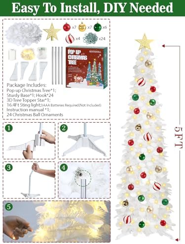 5 FT Pop Up Christmas Tree with Timer Lights and Decorations, White Artificial Tinsel Christmas Tree with 24 Ball Ornaments, Collapsible Pencil Tree for Home, Office, Holiday Party