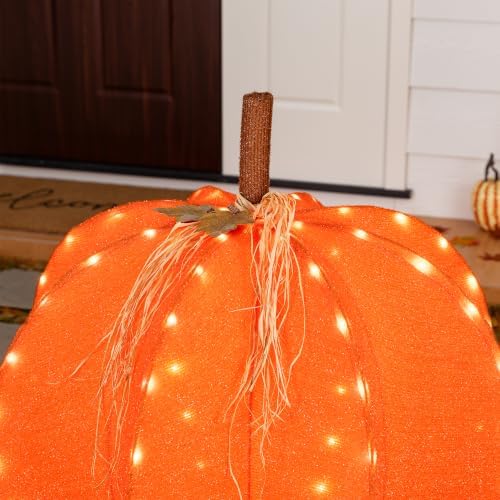 Glitzhome Fall Lighted Outdoor Decor, 32" D 3D Pumpkin Display with 100 Golden LED Lights Timer, Foldable Harvest Yard Decoration for Porch Garden