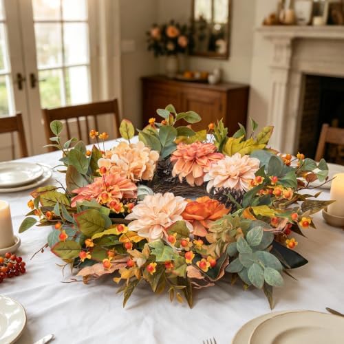 24 Inch Harvest Fall Wreaths for Front Door Outside with Dahlia & Pumpkins