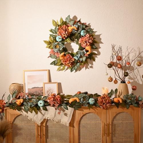 DecorbyHannah 24'' Fall Wreath for Front Door with Lights & Peony Hydrangea