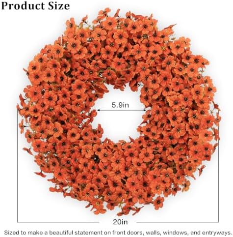 20" Orange Fall Wreath for Front Door, Artificial Mums Autumn Wreath