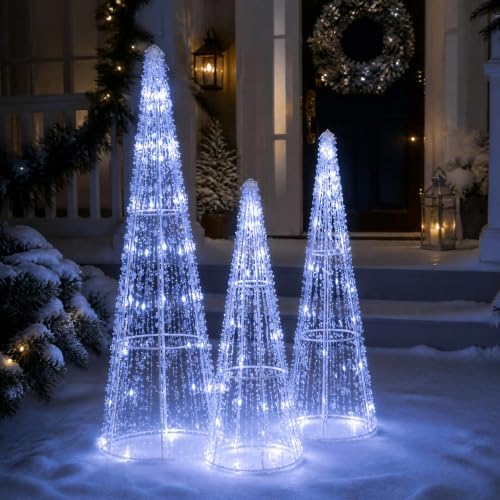 Tangkula Set of 3 Lighted Christmas Cone Trees with Cold White LED Lights