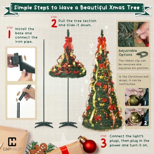 CAPHAUS 6FT Pop Up Christmas Tree with 300 LED Lights, Pre-Lit Foldable Artificial Tree, Pre-Decorated with Red & Golden Ribbon, Collapsible for Indoor Home Office Party Holiday Decoration