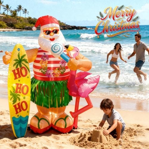 6FT Christmas Inflatable Hawaiian Santa Claus with Flamingo and Surfboard Outdoor Decoration, Tropical Blow up with Build-in LEDs for Indoor Outdoor Xmas Party Garden Yard Lawn Decor