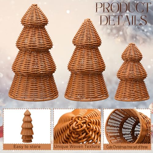 Bucherry 3 Pcs Rattan Christmas Tree Decor Rustic Woven Xmas Figurine
