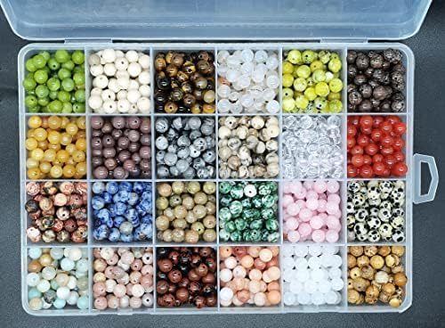 1200pcs 6mm Natural Round Stone Beads Real Gemstone Beading Loose Gemstone Hole Size 1mm DIY Smooth Beads for Bracelet Necklace Earrings Jewelry Making,Box Packed(24 Material -B,6mm)