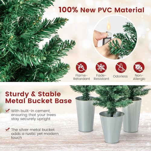 Goplus Set of 3 Artificial Christmas Tree, 3' 4' 5' Slim Pencil Xmas Tree with Silver Metal Buckets, Faux Potted Christmas Trees for Front Porch Entrance Indoor Festive Holiday Party Office Home Decor
