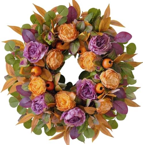 24 Inch Harvest Fall Wreath for Front Door Outside with Orange Purple Peony