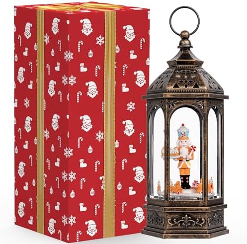 12.8'' Christmas Gingerbread Nutcracker Snow Globe Lantern, Lighted Animated Rotating Train with Musics Swirling Glitter Water Lantern Decoration for Home