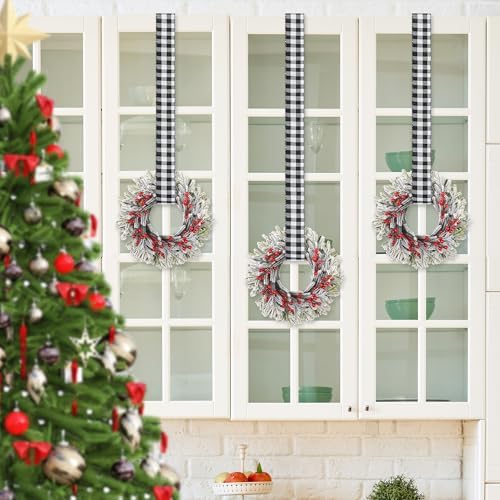 12 Pcs 9.5'' Small Christmas Kitchen Cabinet Wreaths with Adjustable Ribbon Mini Hanging Christmas Wreath Candle Rings Artificial Norfolk Pine Wreath for Door Window Wall (White & Black Plaid)