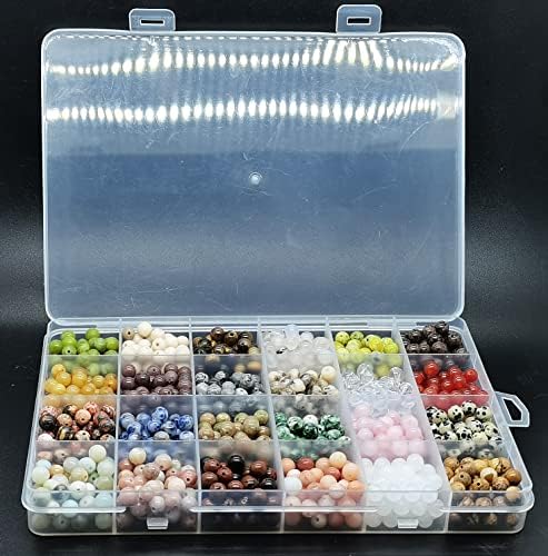 1200pcs 6mm Natural Round Stone Beads Real Gemstone Beading Loose Gemstone Hole Size 1mm DIY Smooth Beads for Bracelet Necklace Earrings Jewelry Making,Box Packed(24 Material -B,6mm)