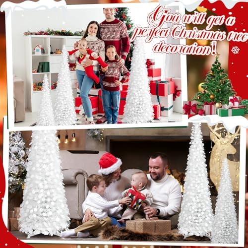 Leyndo 3 Pcs 3 ft 4ft 5 ft Collapsible Artificial Christmas Tree Pop up White Sequined Tinsel Pencil Skinny Xmas Tree for Home Fireplace Decoration