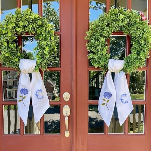 Boxwood Wreath for Front Door Spring Summer Wreaths for Farmhouse,Last Name Initial Year Round Porch Decor,20 inch Green Wreath with Personalized Monogram sash Embroidered Hydrangea and Letter - (C)