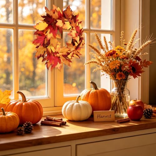 Aneco 12 Pcs Fall Wreath 16’’ Thanksgiving Maple Leaf Wreath for Front Door