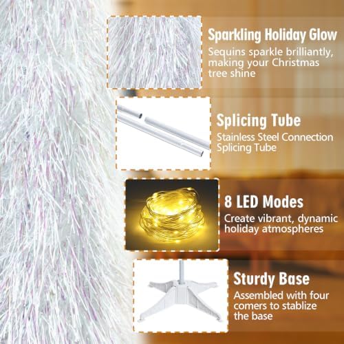 5 FT Shaggy Pop Up Christmas Tree with 50 Timer Lights, White Collapsible Artificial Tinsel Christmas Pencil Tree for Home Apartment Office Holiday Party Decor, Easy Assembly