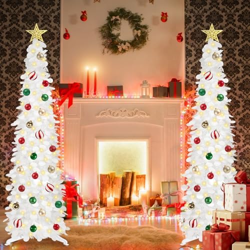 5 FT Pop Up Christmas Tree with Timer Lights and Decorations, White Artificial Tinsel Christmas Tree with 24 Ball Ornaments, Collapsible Pencil Tree for Home, Office, Holiday Party