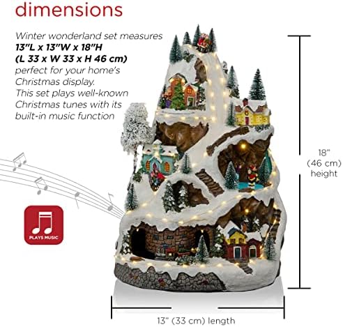 Alpine Corporation 18" Tall Indoor Animated Winter Wonderland Set with 75 LED Lights, Music, Moving Train, Tabletop Christmas Decoration