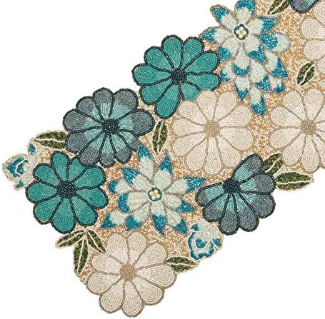 lightnpro Chrtistmas Beaded Table Runner, Christmas Table Runner, Rustic Farmhouse Hand Beaded Runner to Decorate Xmas Wedding Family Party Thanksgiving Dinner Table Décor - 13x36 Inch - Teal Combo