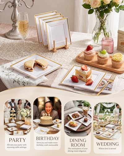 bUCLA 100PCS Gold Square Plastic Plates - 6inch Disposable Dessert/Cake Plates - Premium Hard Square Small Appetizer Plates for Wedding&Party