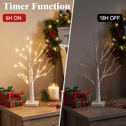 PEIDUO Christmas Decorations for The Home, 2FT BirchTree with LED Lights, Warm White Tree Lamp, Fairy Light Spirit Tree for Room Inside Fireplace Home Decor, Battery Powered, Timer (4PK)