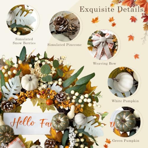 24'' Fall Wreaths for Front Door with Lights and Timer, Farmhouse