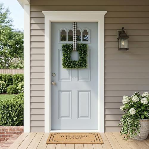 Pure Garden Square Boxwood Wreath for Front Door, Green, 16.5”