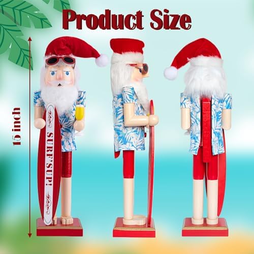 15 Inch Christmas Nutcracker Wooden Summer Nautical Surfer Santa Nutcracker Figure Beach Tabletop Centerpieces Festival Florida Tropical Shelves Decorations (Surfboard+Swim Ring)
