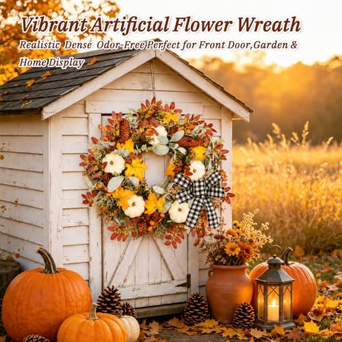 Grooy 24 Inch Fall Wreath for Front Door with Artificial Pumpkin Bow
