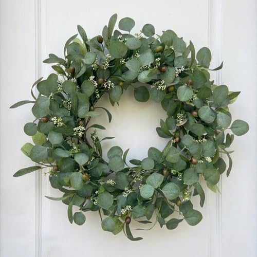 24 Inch Eucalyptus Wreath for Front Door, Large Artificial Greenery Wreaths with Olive Leaves and Berries, Farmhouse Spring Summer Decor for Porch, Wall, Window, All Season