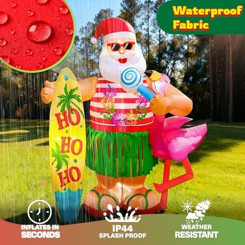 6FT Christmas Inflatable Hawaiian Santa Claus with Flamingo and Surfboard Outdoor Decoration, Tropical Blow up with Build-in LEDs for Indoor Outdoor Xmas Party Garden Yard Lawn Decor